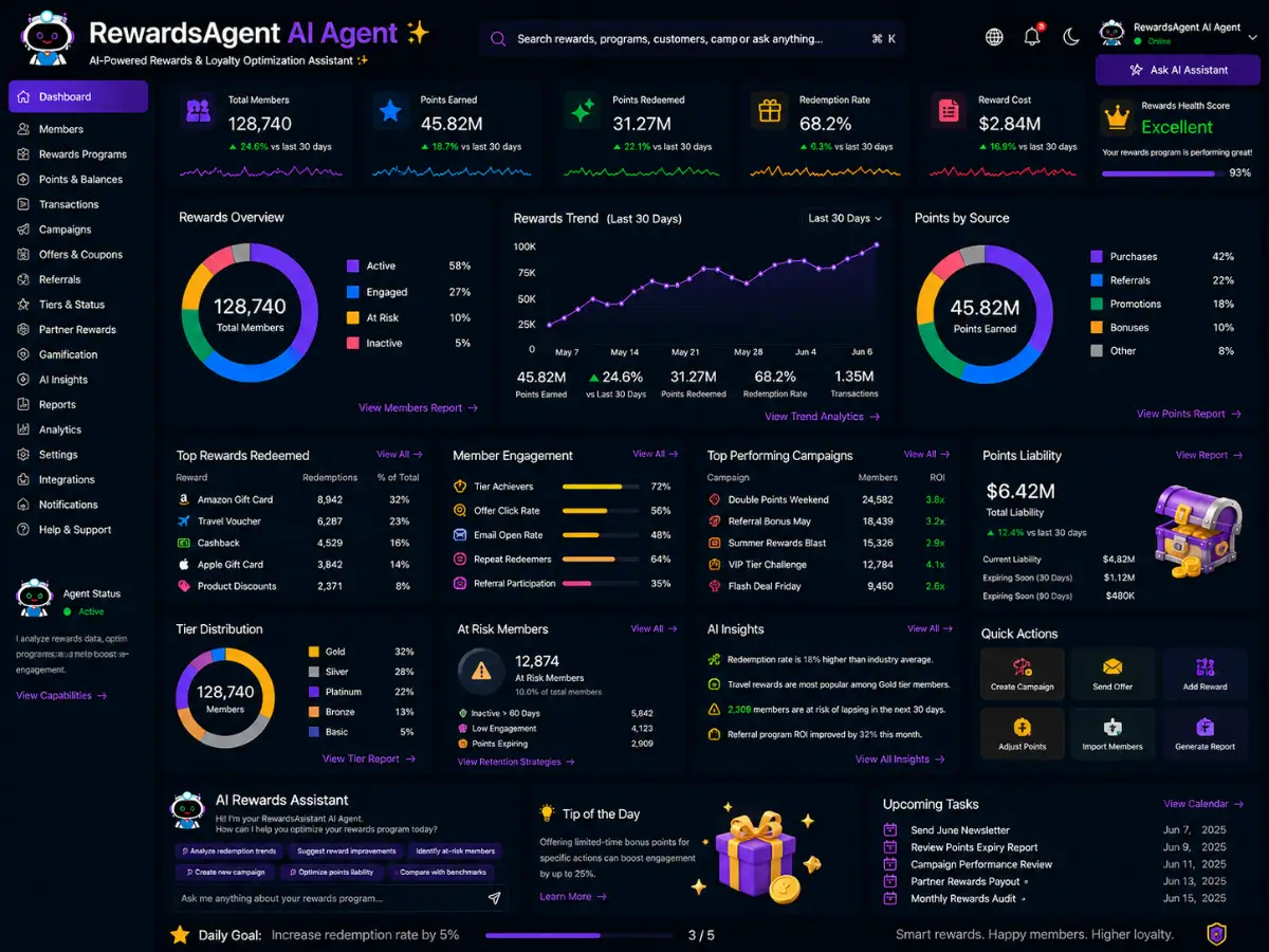 rewardsagent.app AI rewards agent app — coaching dashboard preview